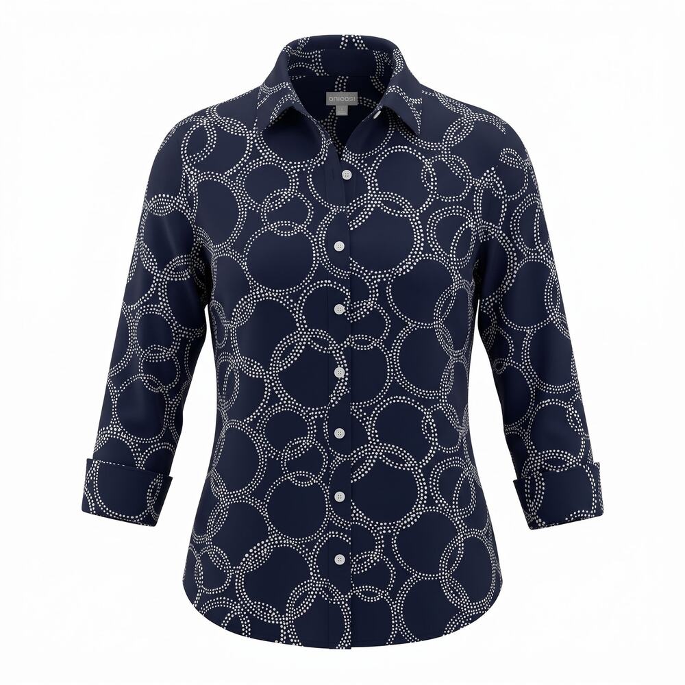 Chico’s Size 0 US 4 Black Tan White Circle Print Button Down Shirt Stretch